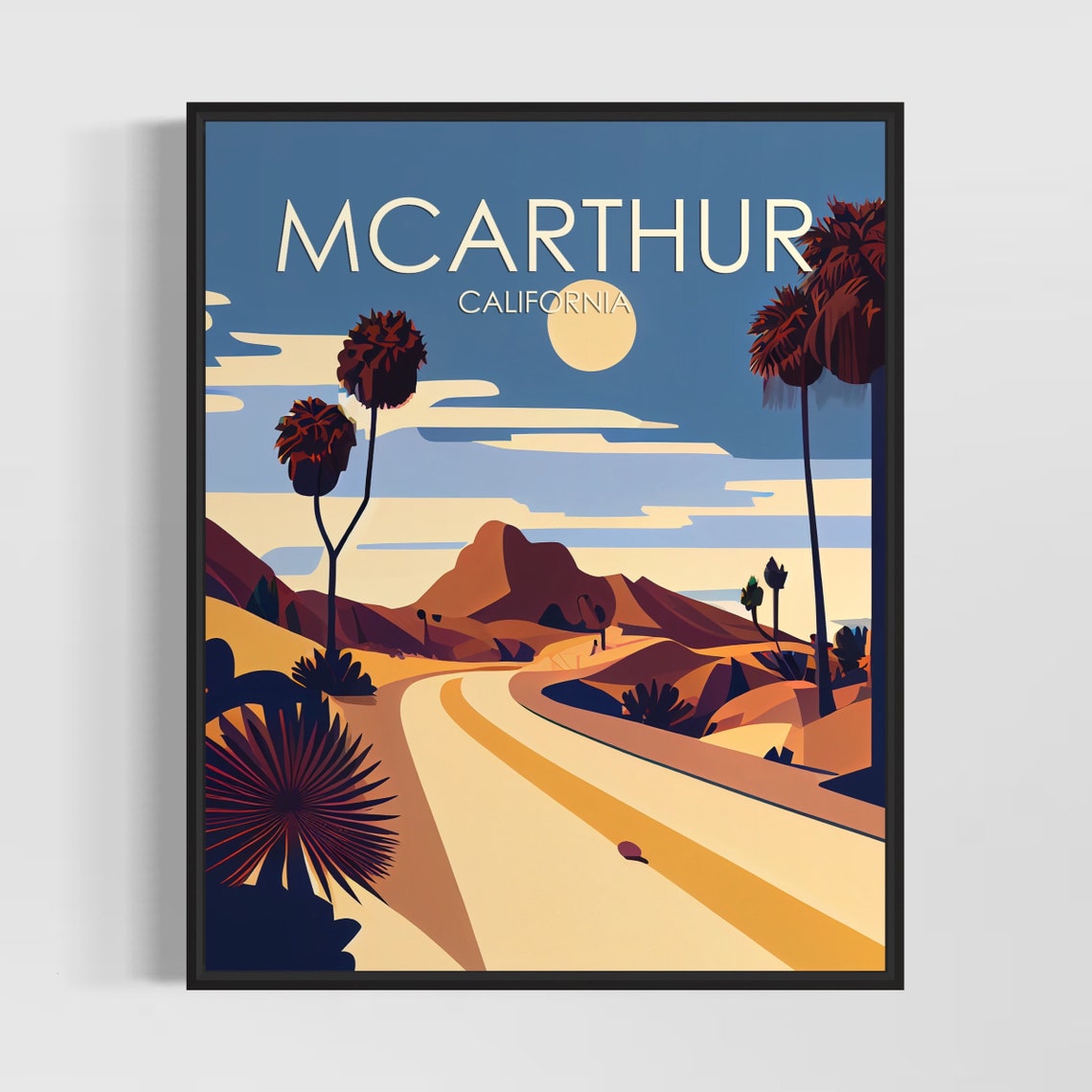 McArthur California Desert Road Night Palm Retro Vintage Poster