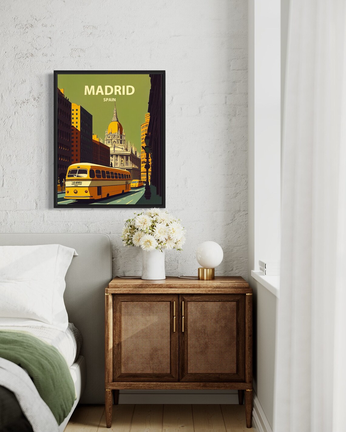 Madrid Spain Retro Bus Golden Dome City Street Evening Travel Poster - Image 3