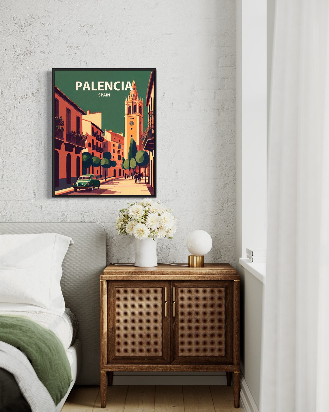 Palencia Spain Cathedral Tower Vintage Car Street Travel Poster - Image 2