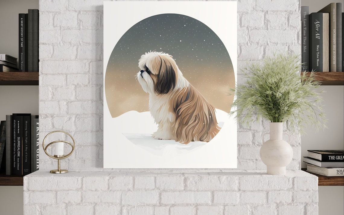 Shih Tzu Dog Snowy Night Circular Minimalist Breed Portrait Wall Art - Image 3