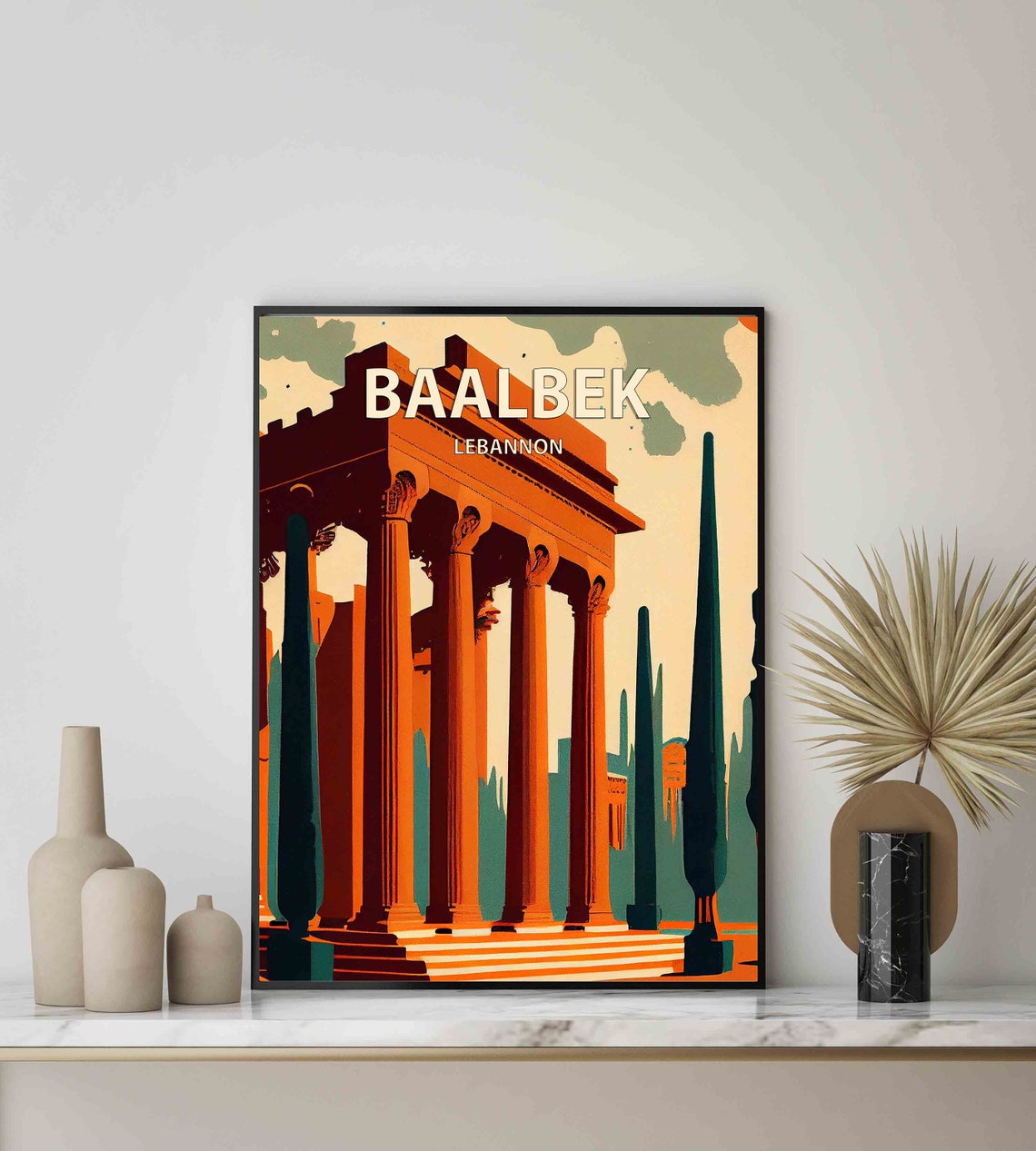 Baalbek Lebannon Ancient Roman Temple Columns Vintage Travel Poster