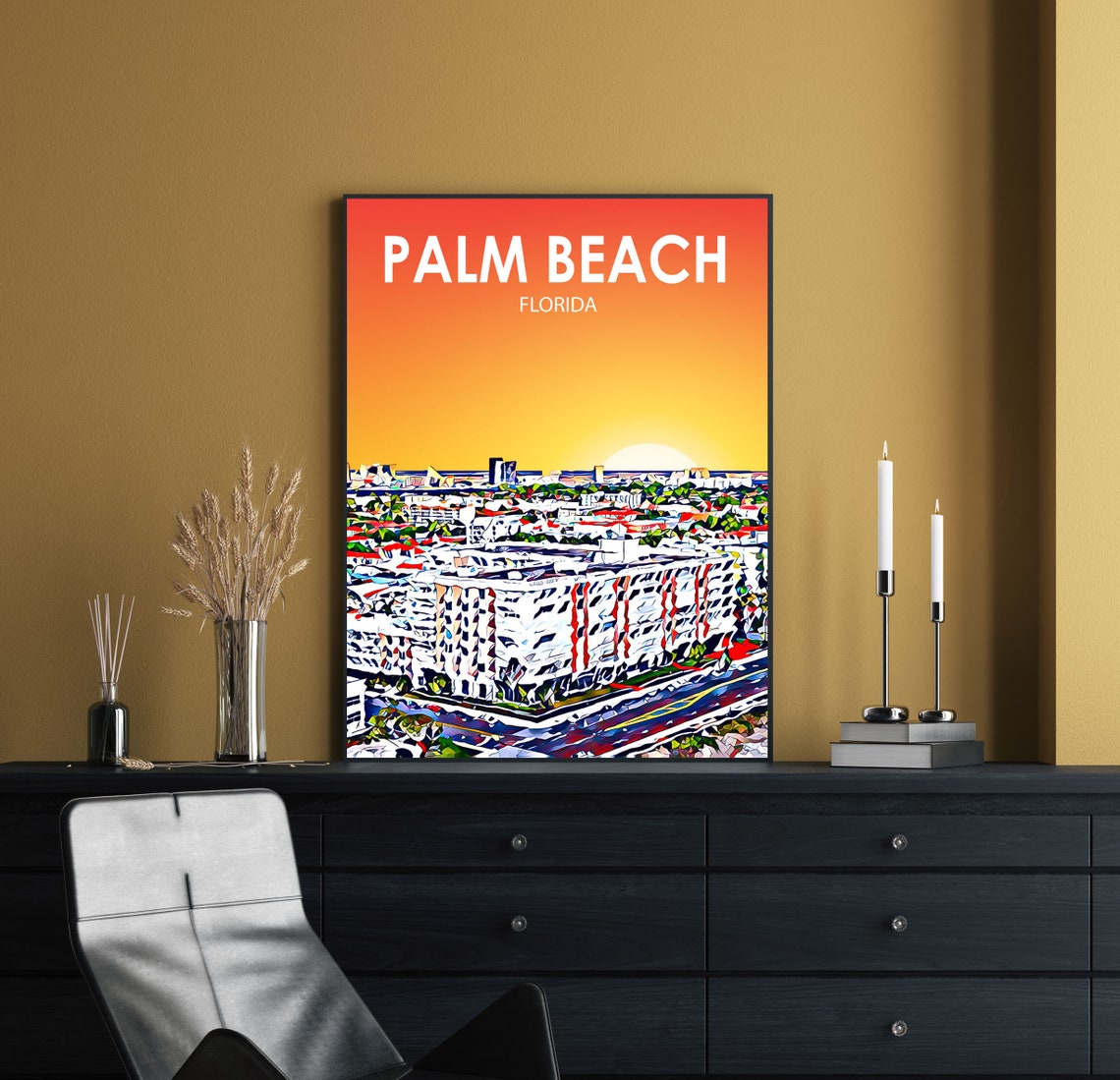 Palm Beach Florida Colorful Sunset Skyline City Travel Poster - Image 2