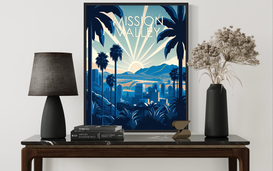 Mission Valley City Skyline Palms Sunray Sunrise Art Deco Poster - Image 3