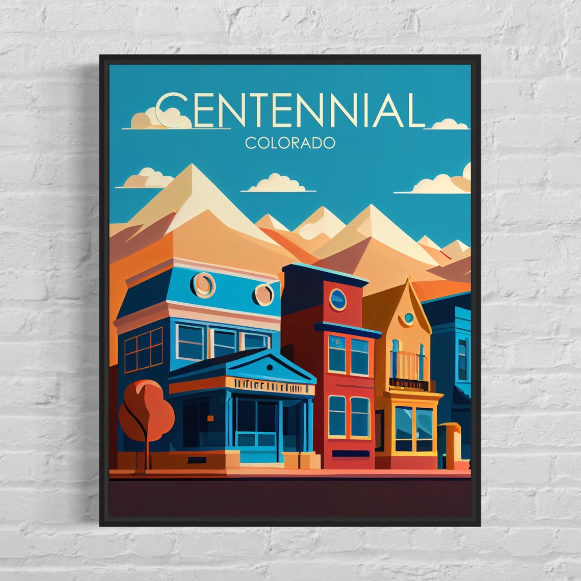 Centennial Colorado Mountain Town Colorful Row Houses Travel Poster