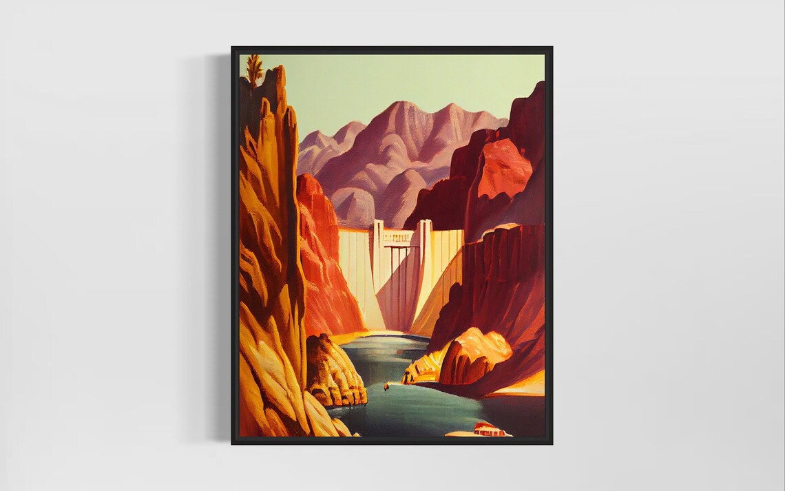 Hoover Dam Nevada Vintage Red Canyon Landmark Scenic Travel Poster