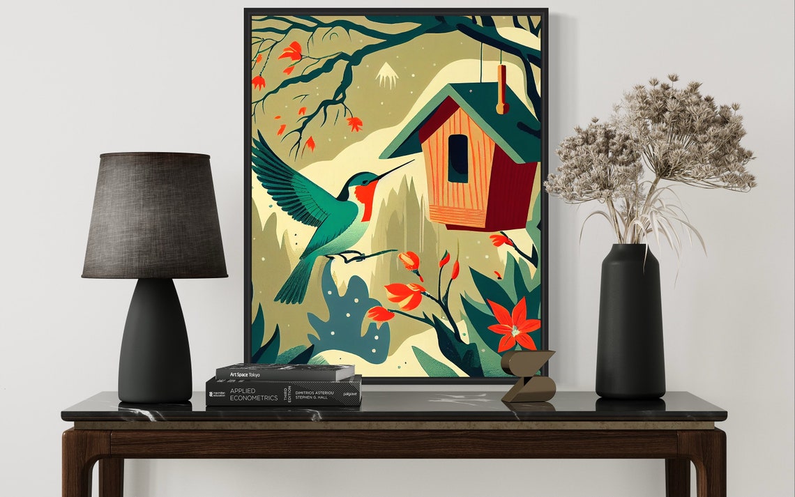 Hummingbird And Birdhouse Retro Art Print Hummingbird And Birdhouse Illustration Hummingbird And Birdhouse Vintage Minimal Design Poster - Image 2