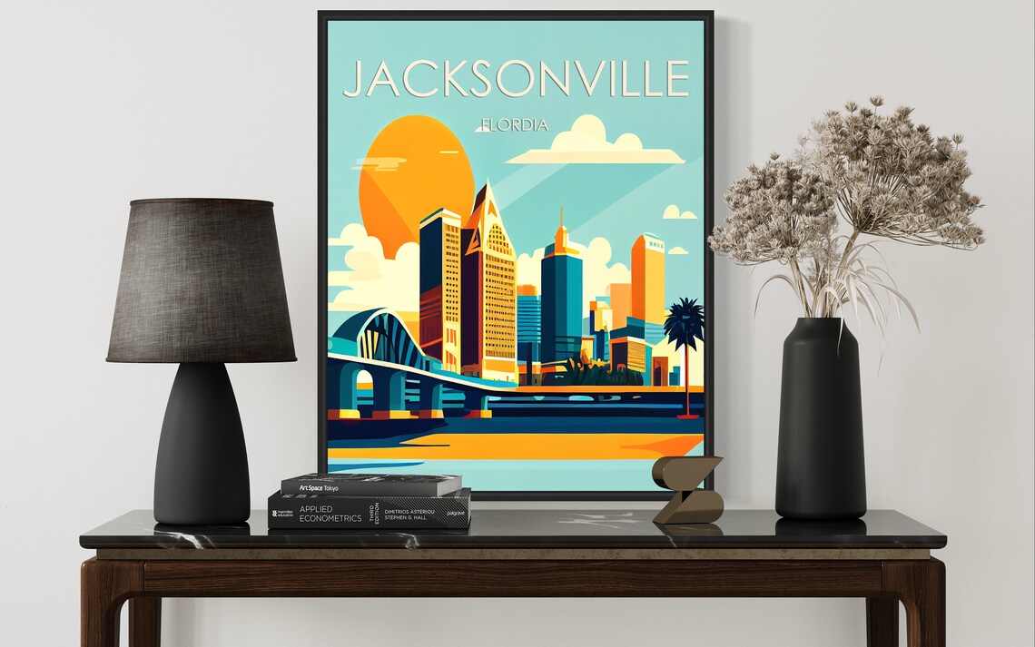 Jacksonville Florida Retro Sunset Skyline Bridge Travel Poster - Image 2