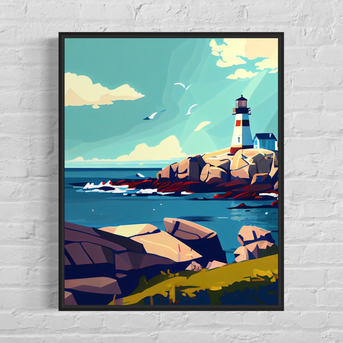 Maine Rocky Coast Lighthouse Seagulls Retro Nautical Travel Poster