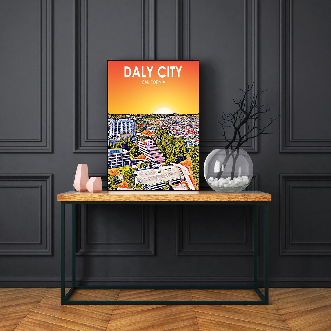 Daly City California Art Poster Sunset Landscape Poster Print Daly City Framed Wall Art United States Colorful Skyline Sketch Photo Decor - Image 3