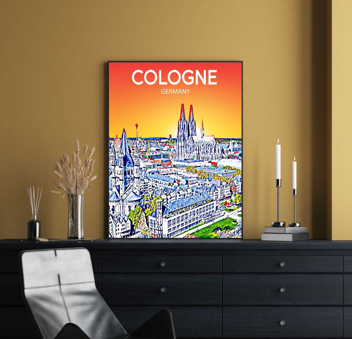 Cologne Germany Sunset Cathedral Twin Spires Colorful Skyline Poster - Image 2