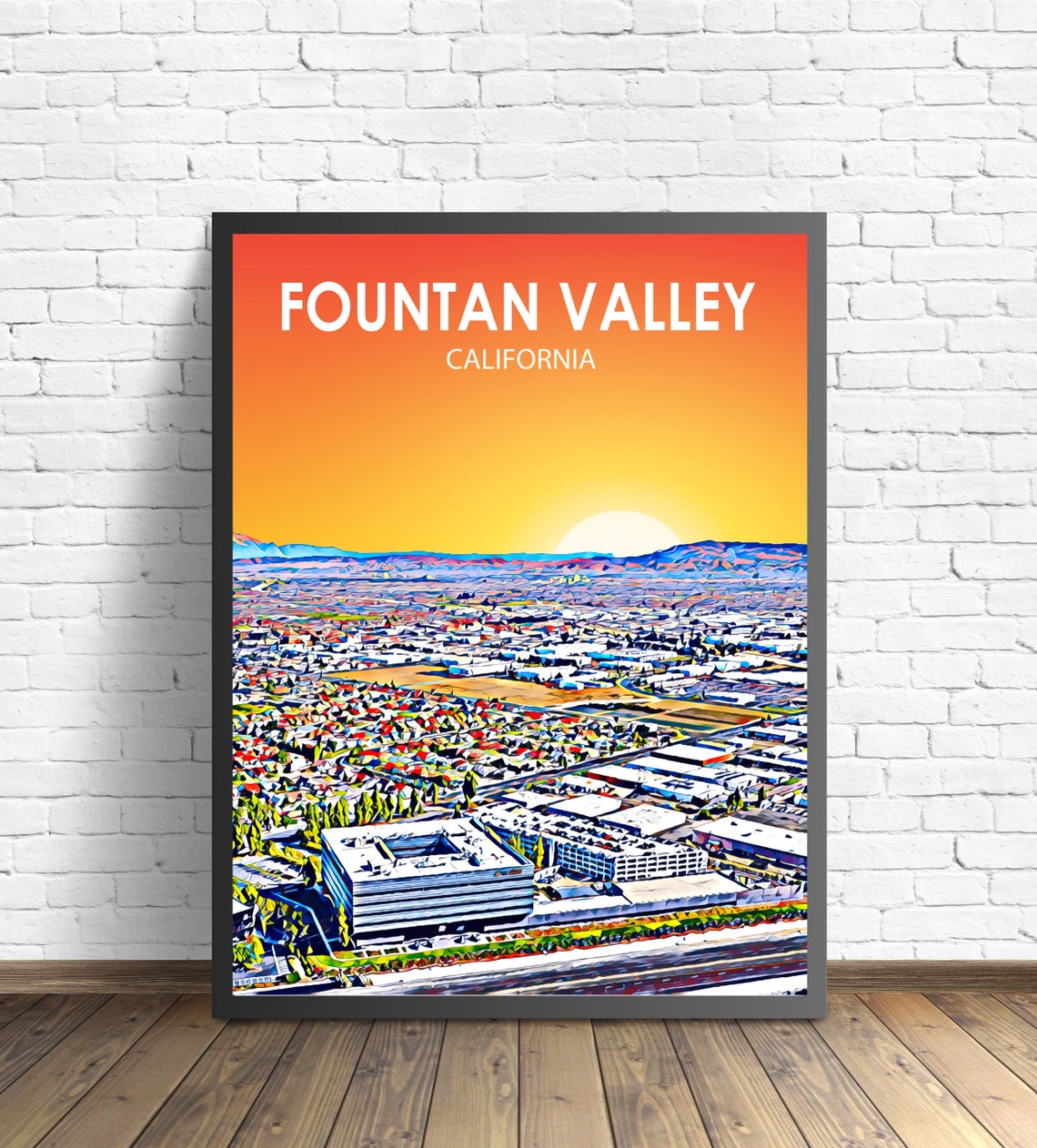 Fountain Valley California Sunset Landscape Poster Print Fountain Valley City Wall Art United States Colorful Skyline Sketch Photo