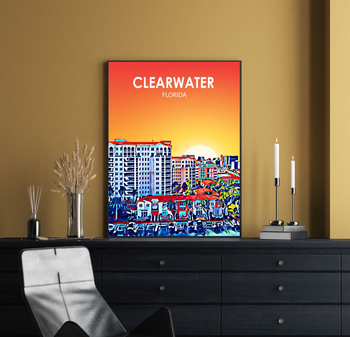 Clearwater Florida Sunset Aerial Cityscape Beach Travel Poster - Image 2