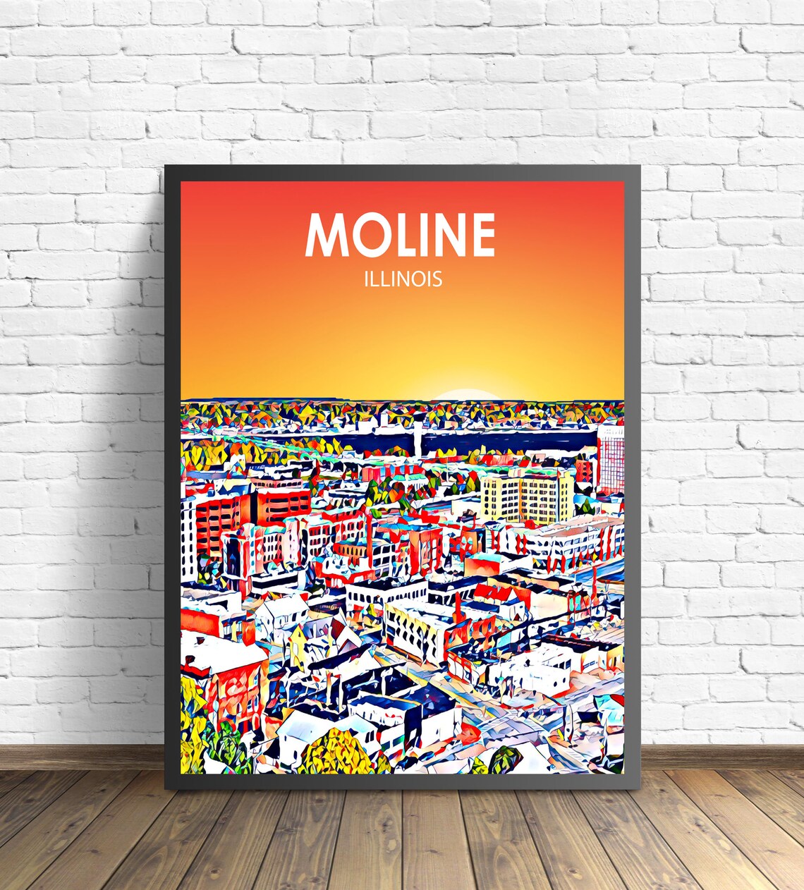 Moline Illinois Colorful Sunset Skyline City Travel Art Poster