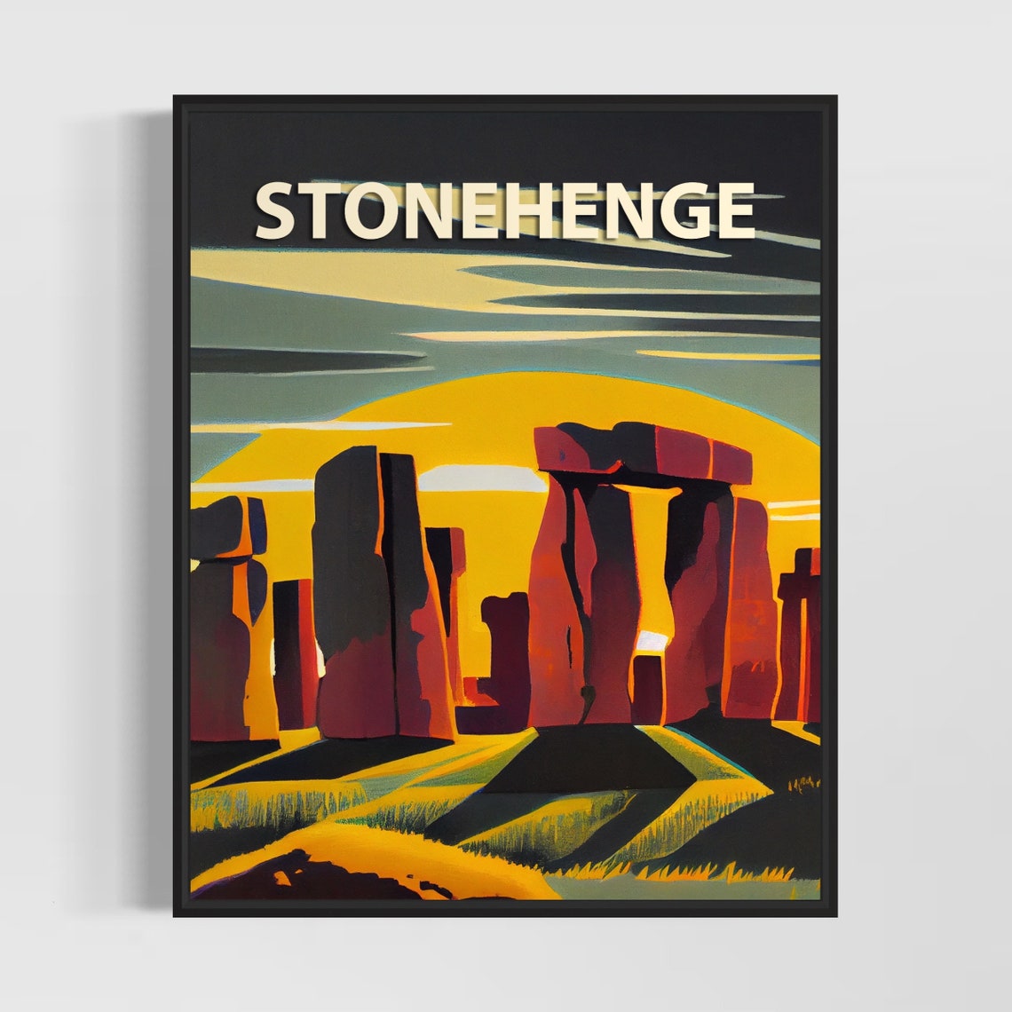 Stonehenge Sunset Standing Stones Golden Sky Retro Art Poster
