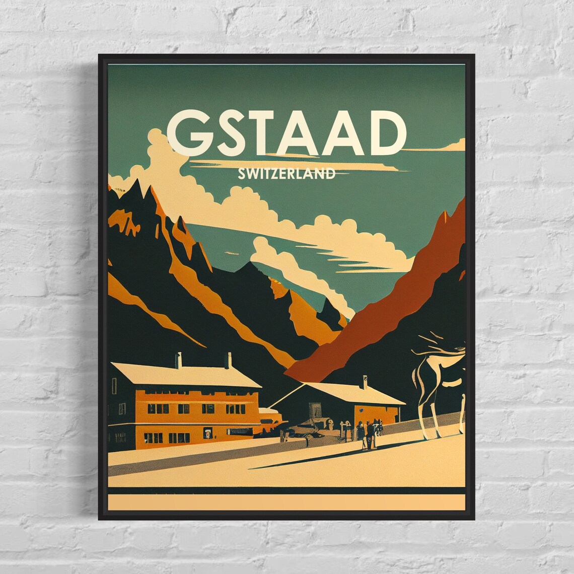 Gstaad Switzerland Snowy Alpine Peaks Ski Lodge Retro Travel Poster