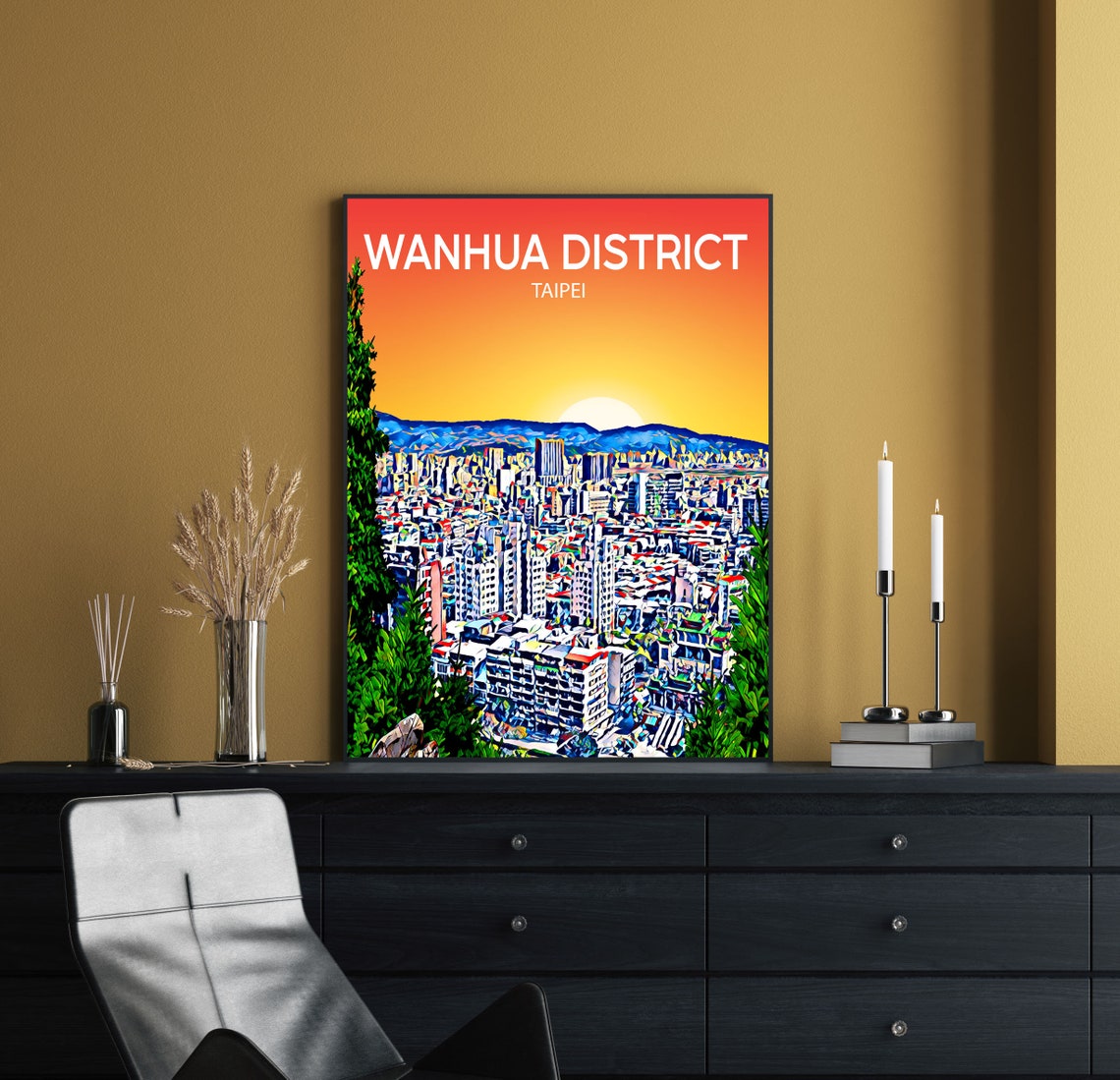 Wanhua District Taipei Sunset Cityscape Pop Art Travel Poster - Image 2