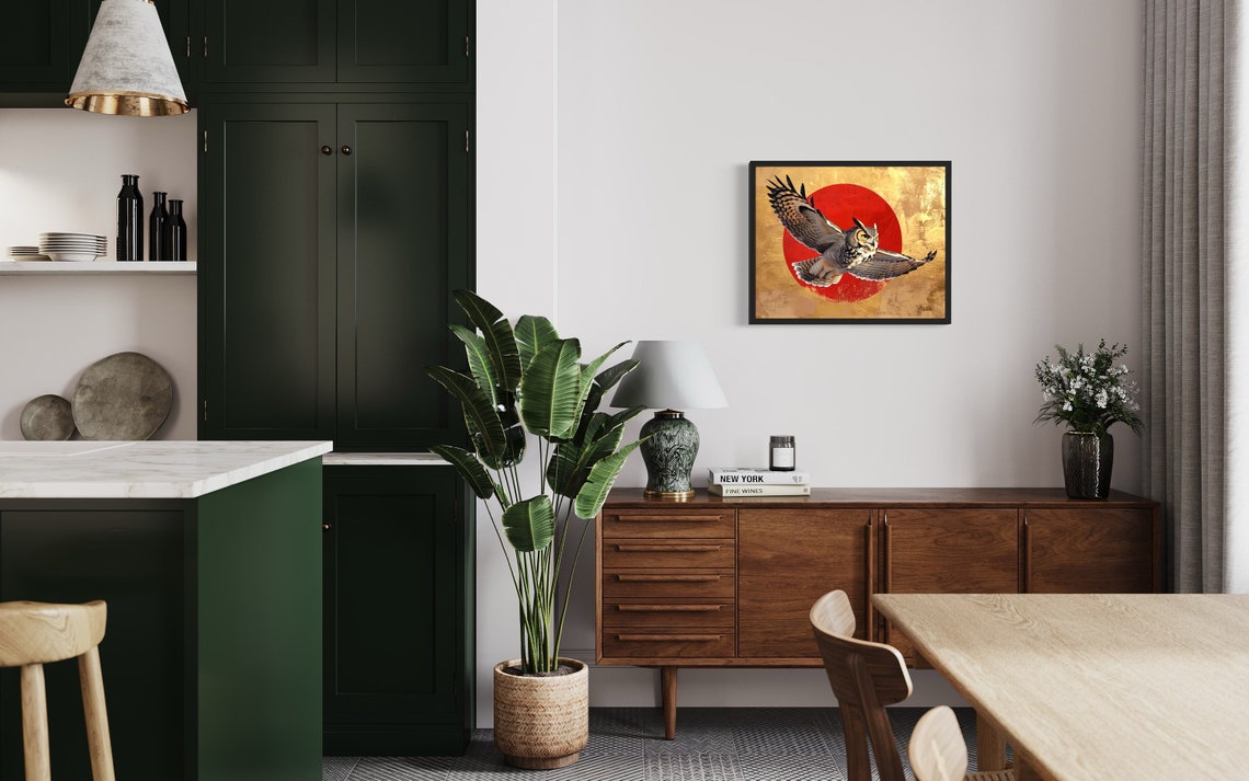 Great Horned Owl Soaring in Flight Against Red Sun Gold Poster - Image 2