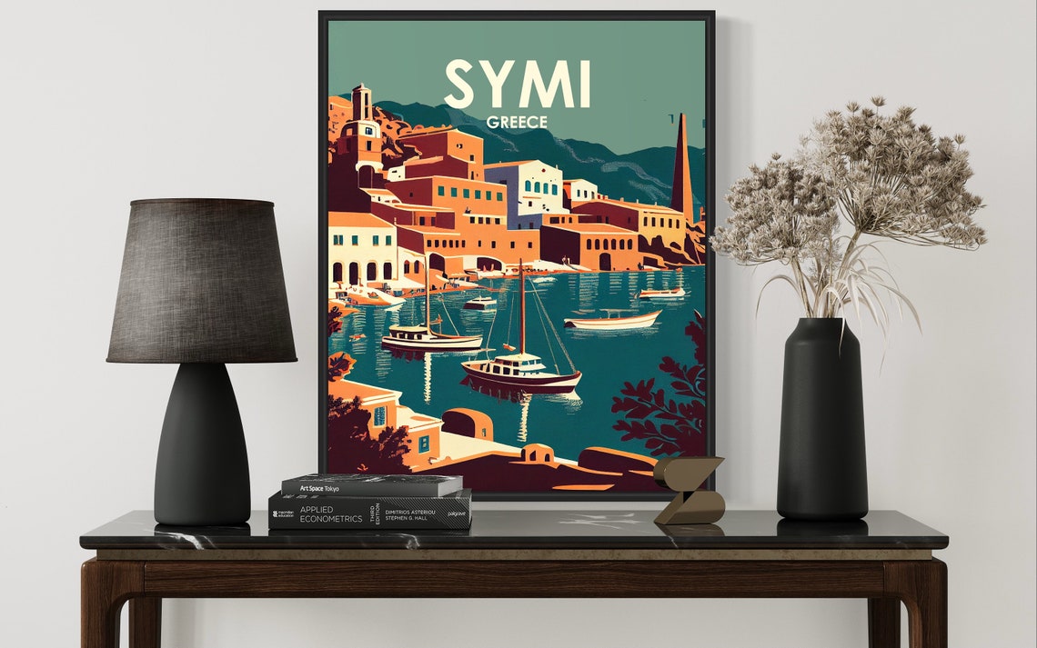 Symi Greece Colorful Harbor Boats Pastel Waterfront Travel Poster - Image 2