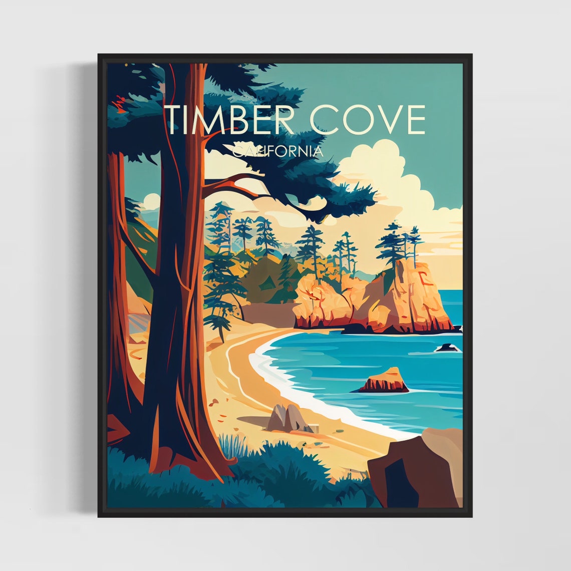 Timber Cove California Towering Redwoods Beach Retro Travel Poster