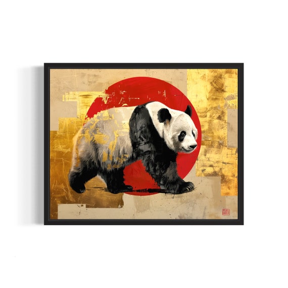 Giant Panda Striding Past Red Sun Asian Gold Art Style Poster