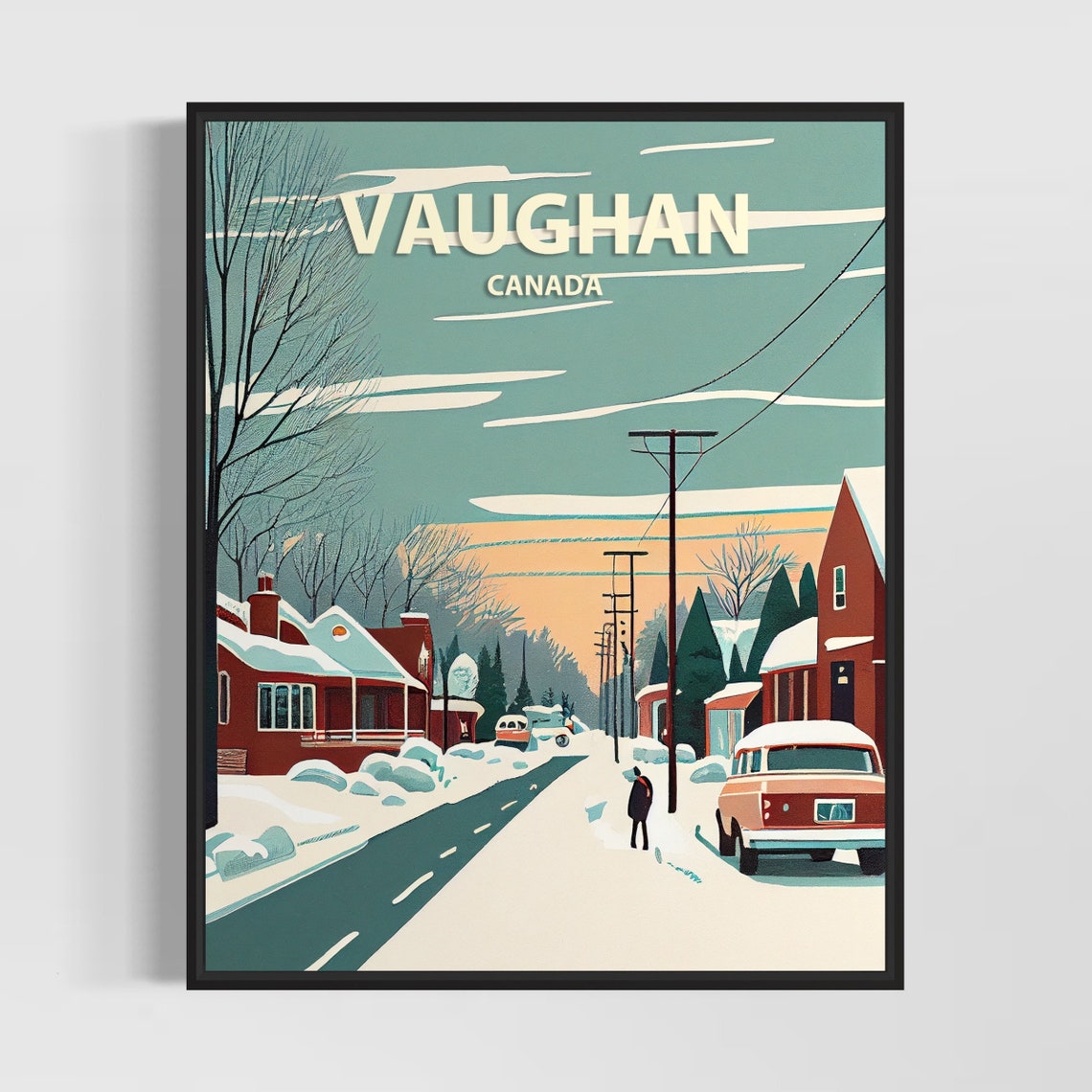 Vaughan Canada Snowy Winter Street Vintage Car Travel Poster