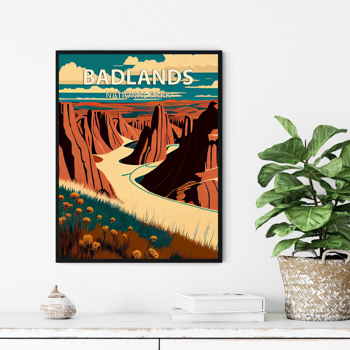 Badlands National Park Retro Canyon Overlook Wildflower Travel Poster - Image 2