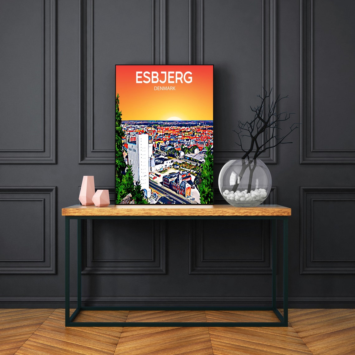 Esbjerg Denmark Sunset Aerial Cityscape Vivid Color Art Poster - Image 3