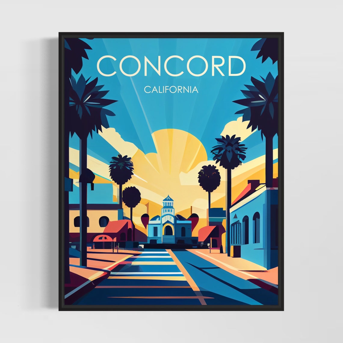 Concord California Retro Palm Tree Downtown Sunrise Travel Poster