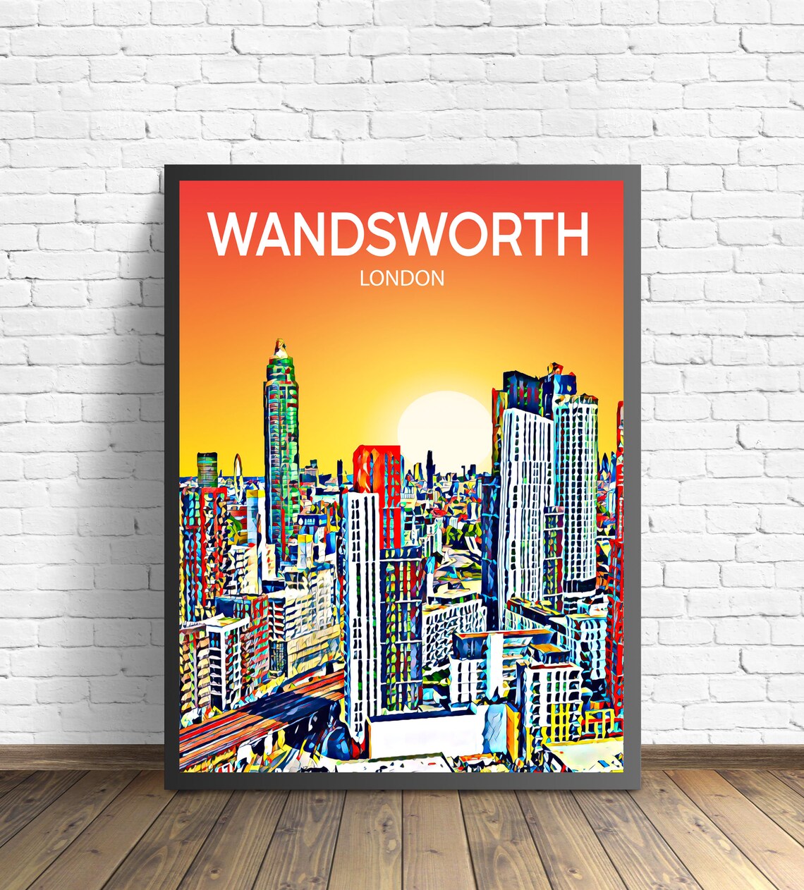 Wandsworth London Colorful Pop Art Skyline Sunset Travel Poster