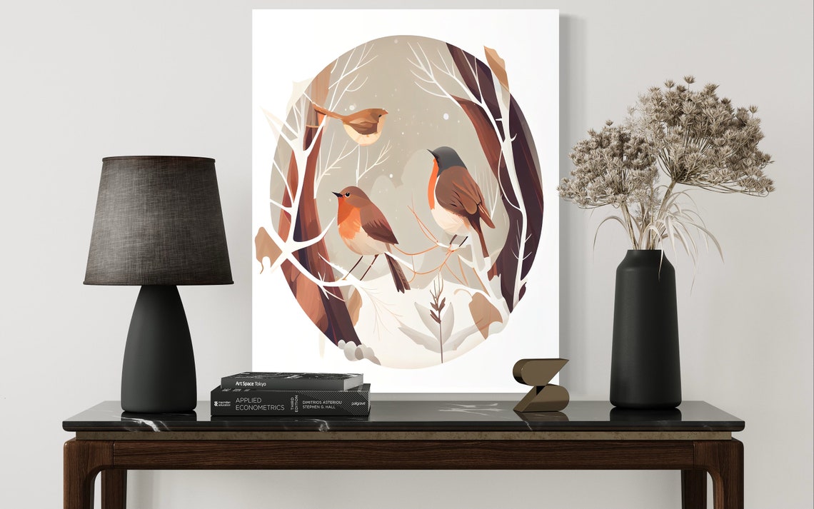 Three Robins Perched in Snowy Winter Branches Circle Art Poster - Image 2