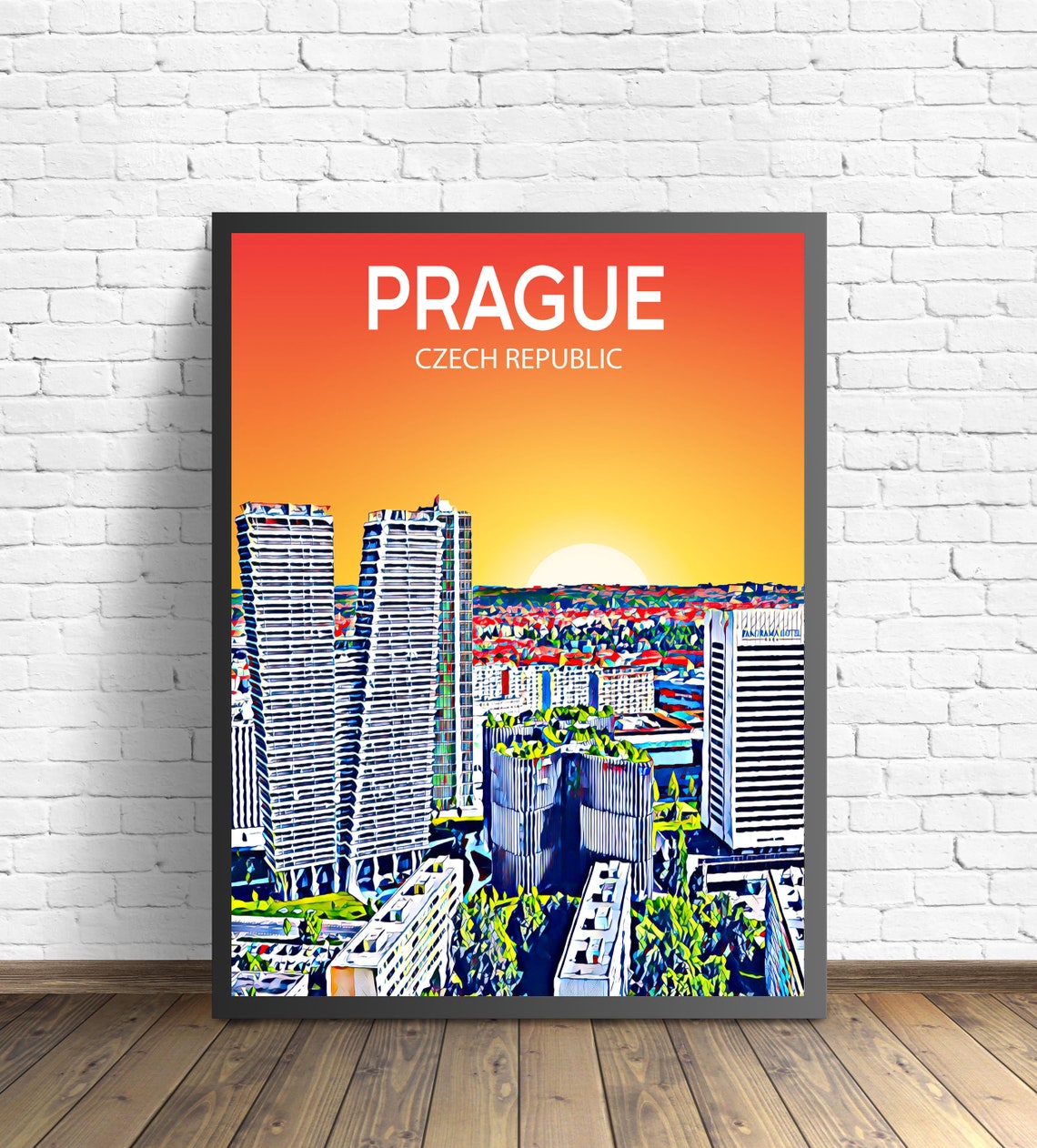 Prague Czech Republic Sunset Skyline Modern Towers Art Poster