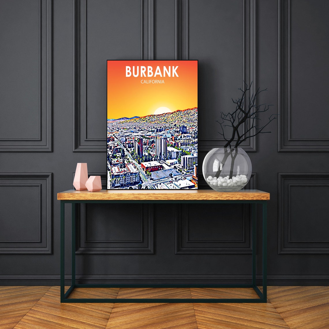 Burbank California Sunset City Skyline Against Hillside Art Poster - Image 3