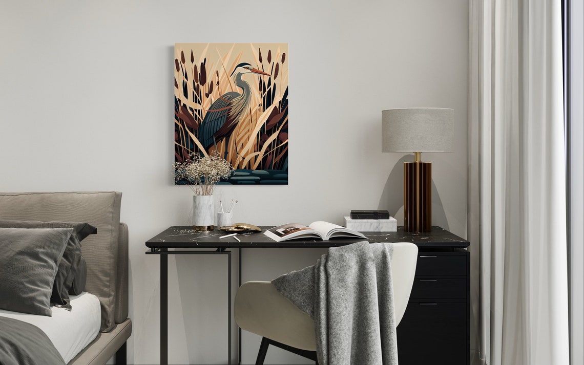 Great Blue Heron Among Cattails Wetland Art Nouveau Style Poster - Image 2