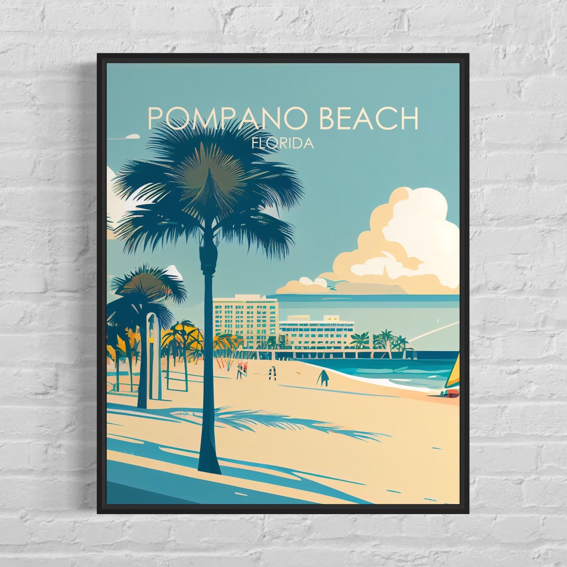 Pompano Beach Florida Palm Trees Resort Beachfront Travel Poster