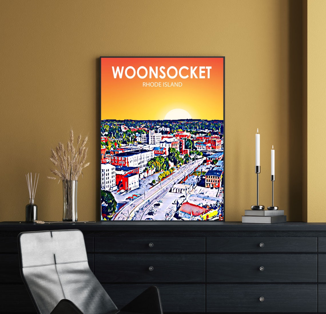Woonsocket Rhode Island Sunset Main Street Aerial Painted Poster - Image 2