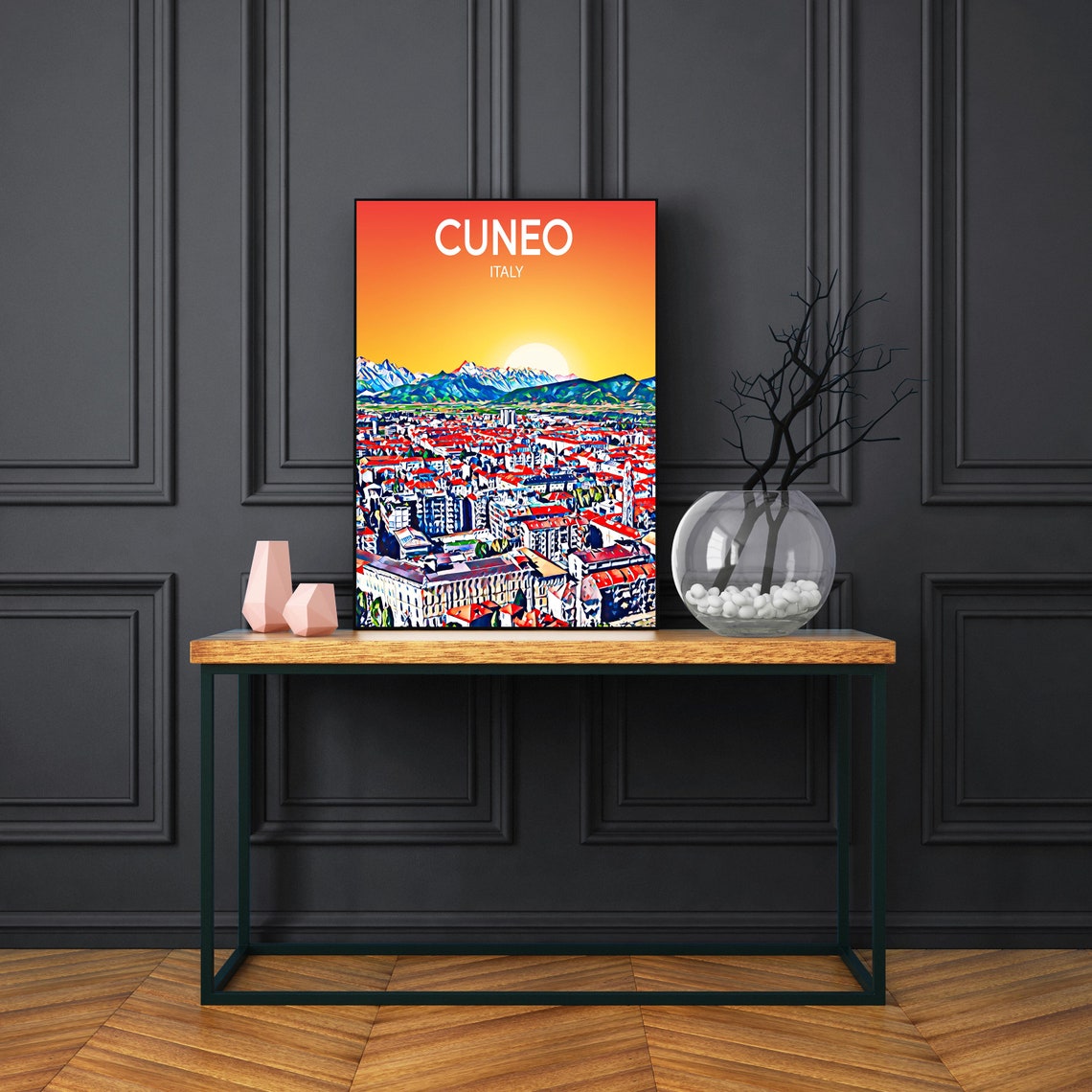 Cuneo Italy Sunset Cityscape Snowy Alps Pop Art Travel Poster - Image 3