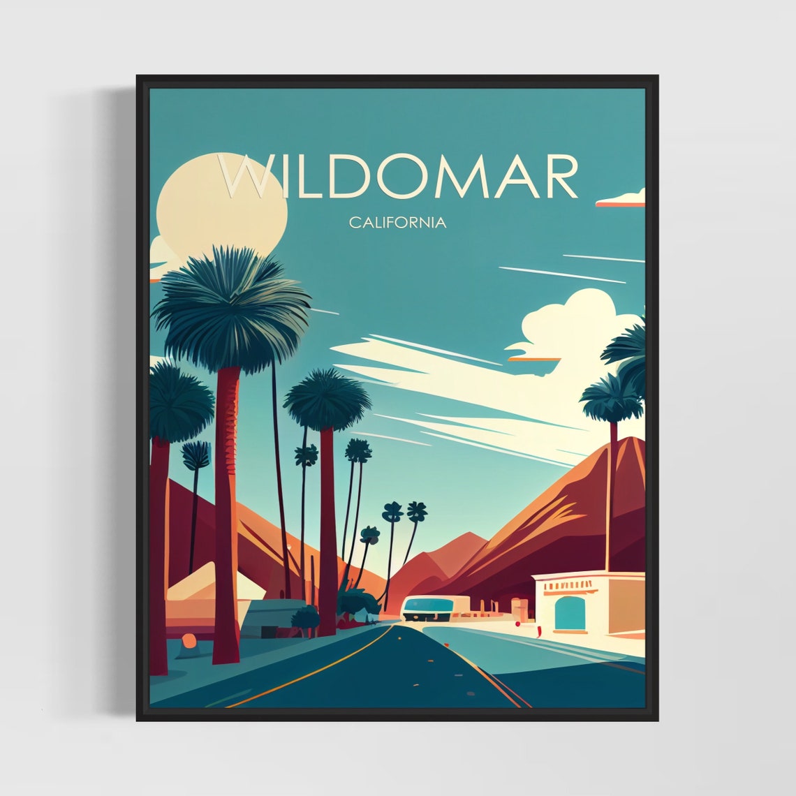 Wildomar California Palm Trees Desert Road Retro Travel Poster