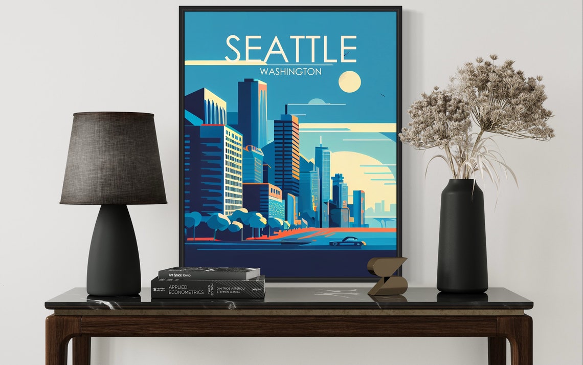 Seattle Washington Art Deco Downtown Skyline at Sunset Poster - Image 2