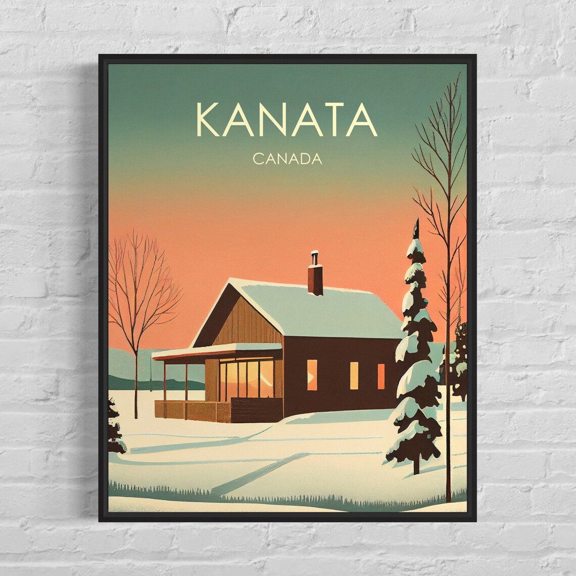 Kanata Canada Snowy Cabin Winter Sunset Snow Scene Retro Travel Poster
