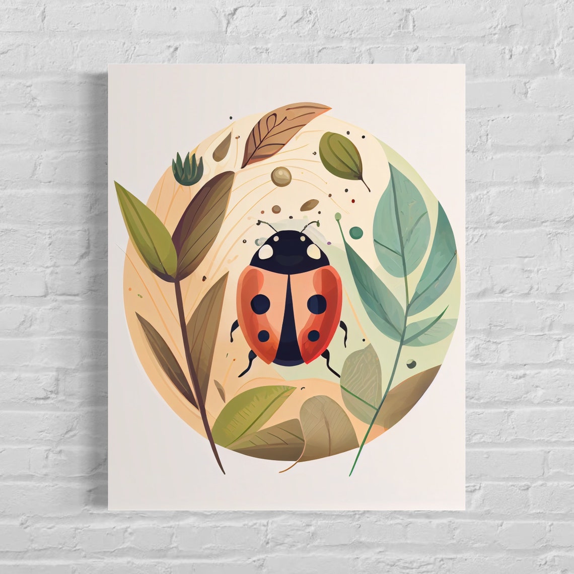 Spotted Ladybug Among Green Leaves Botanical Insect Art Poster