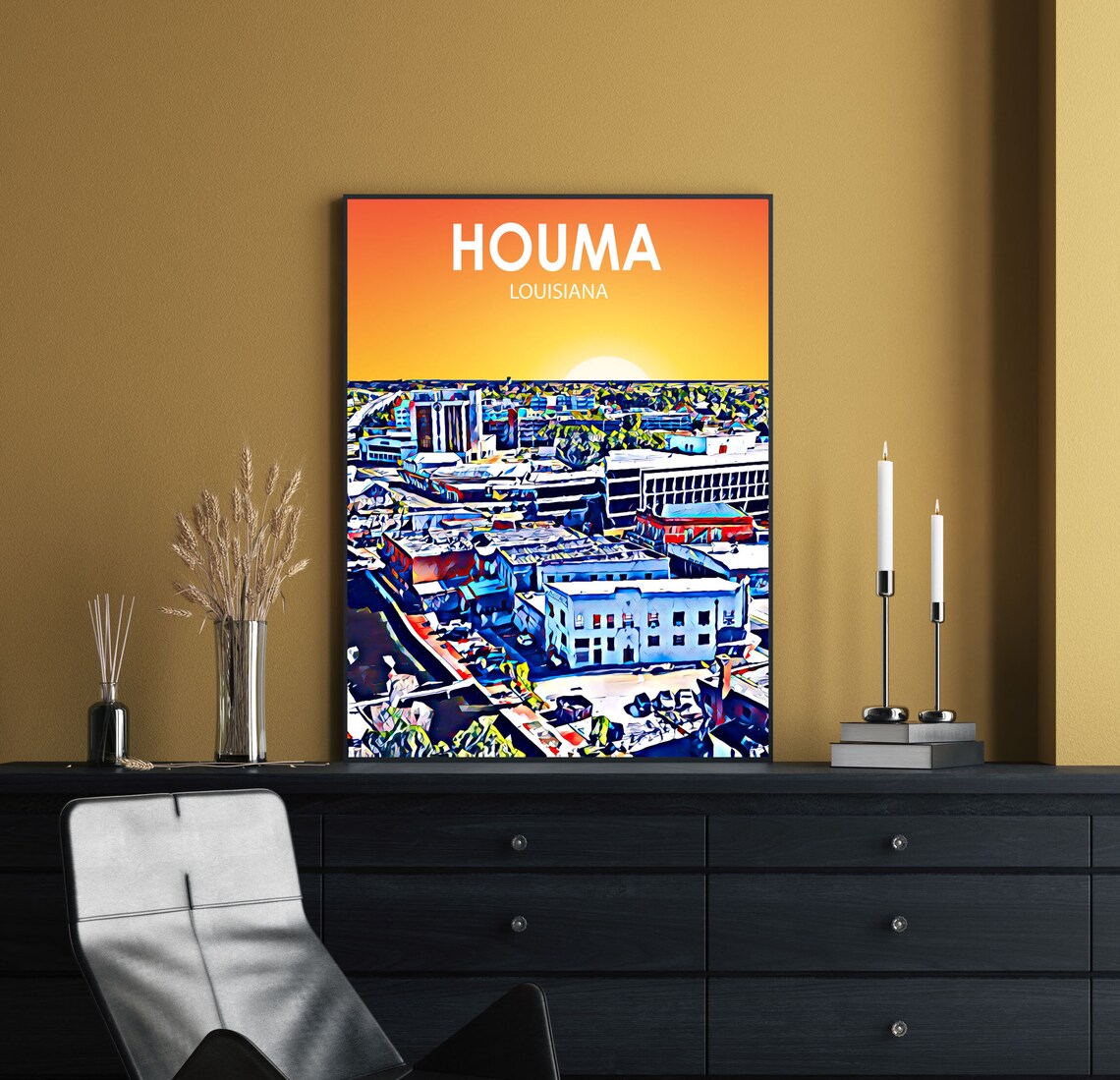 Houma La Art Poster Louisiana Sunset Landscape Poster Print Houma Framed Wall Art United States Colorful Skyline Sketch Photo - Image 2
