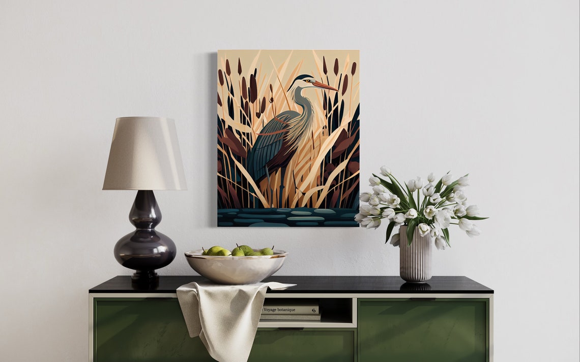 Great Blue Heron Among Cattails Wetland Art Nouveau Style Poster - Image 3