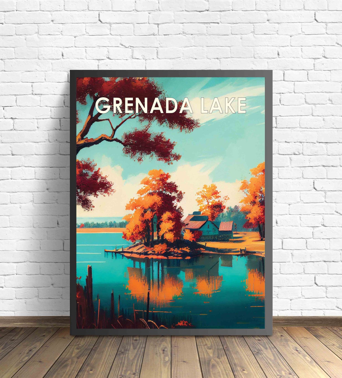Grenada Lake Autumn Shoreline Cabins Mirror Reflections Poster