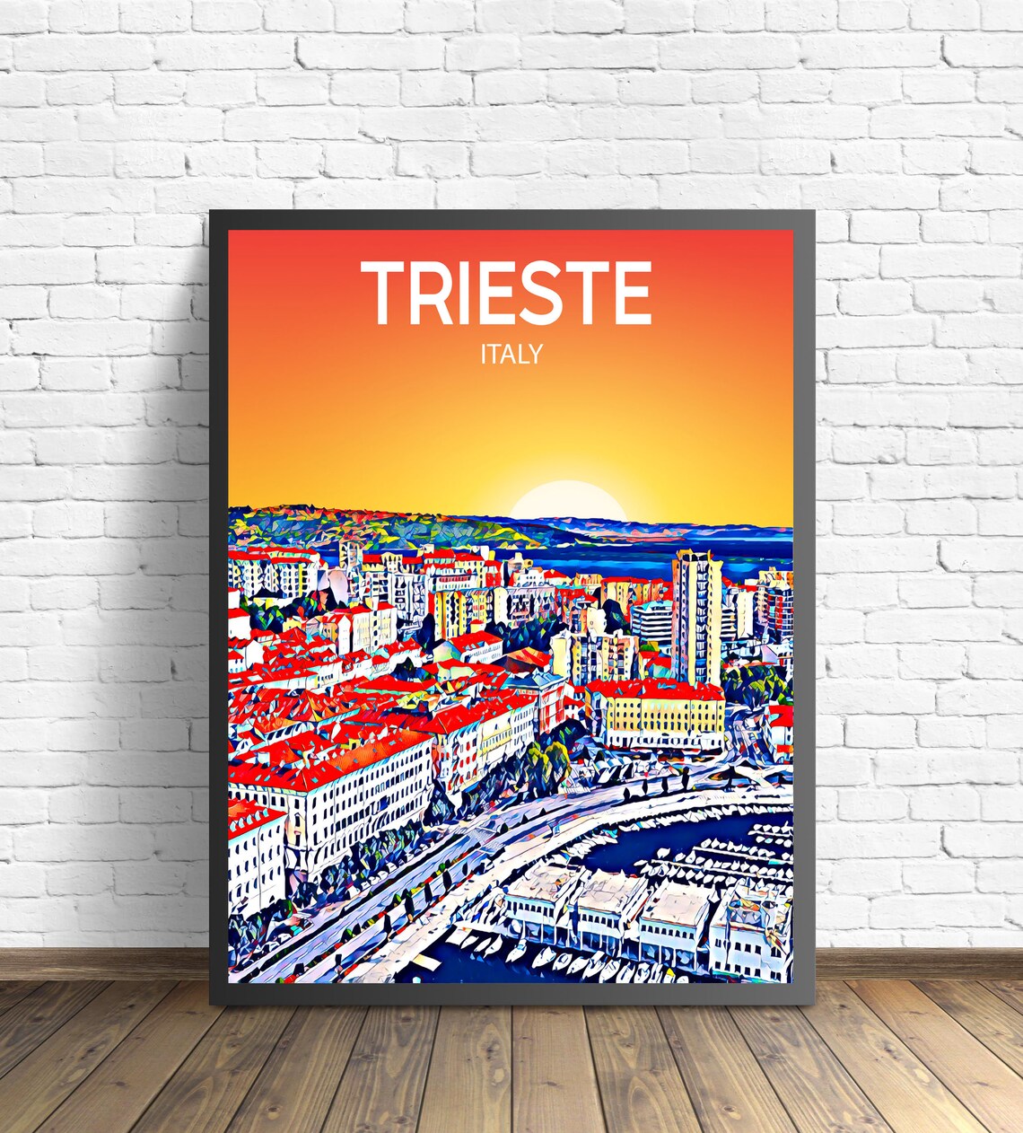 Trieste Italy Fiery Orange Sunset Harbor Marina Aerial Art Poster