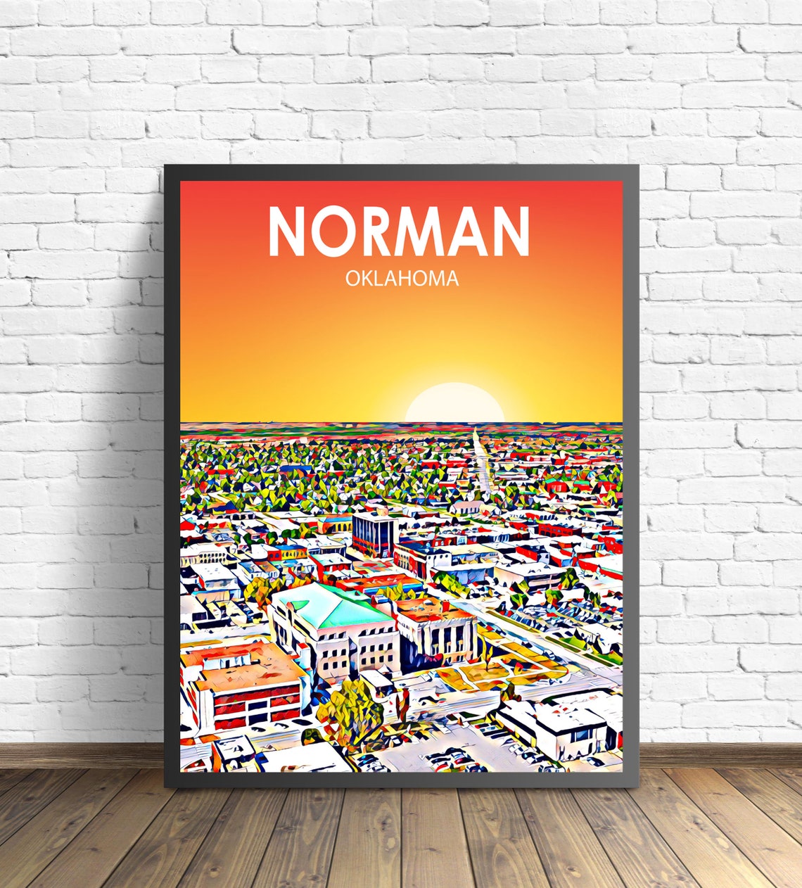 Norman Oklahoma Sunset Aerial Cityscape Vivid Color Art Poster