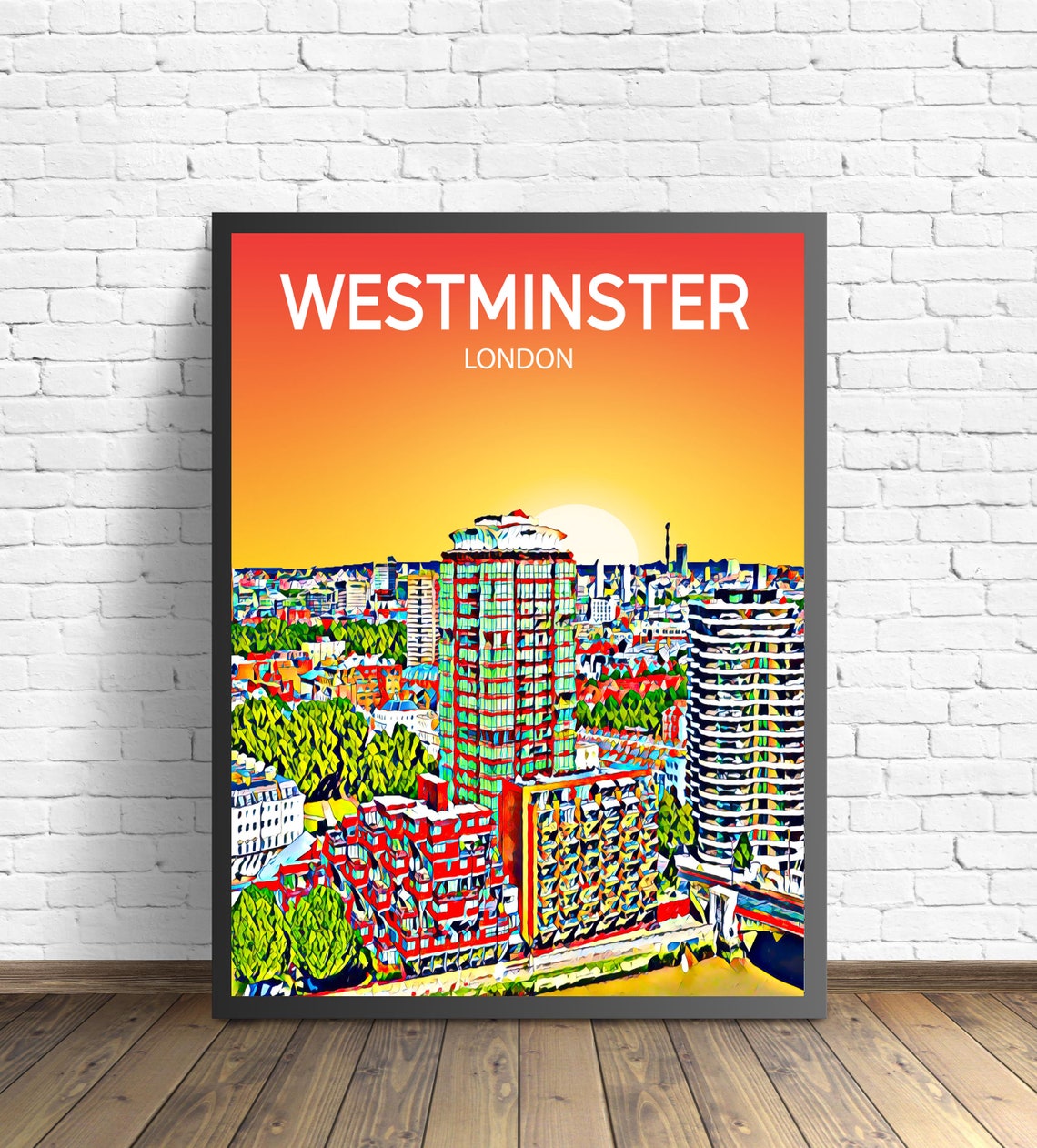 Westminster London Thames Sunset Skyline Pop Art Travel Poster