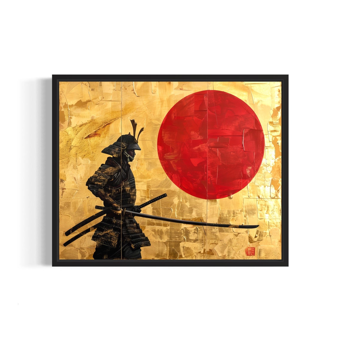 Samurai Warrior Red Sun Gold Leaf Japanese Style Warrior Wall Art