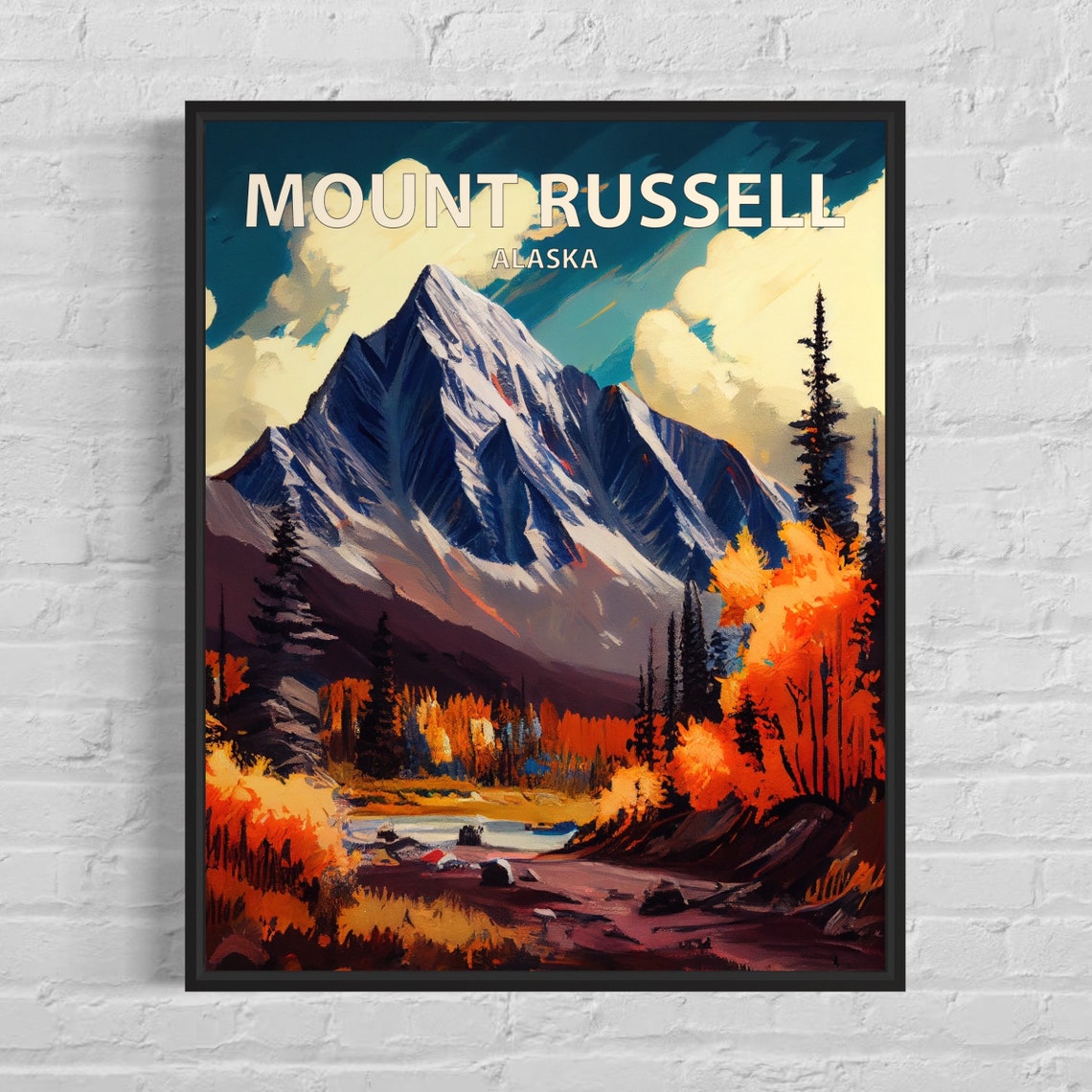 Mount Russell Alaska Jagged Snowy Peak Golden Larches Art Poster