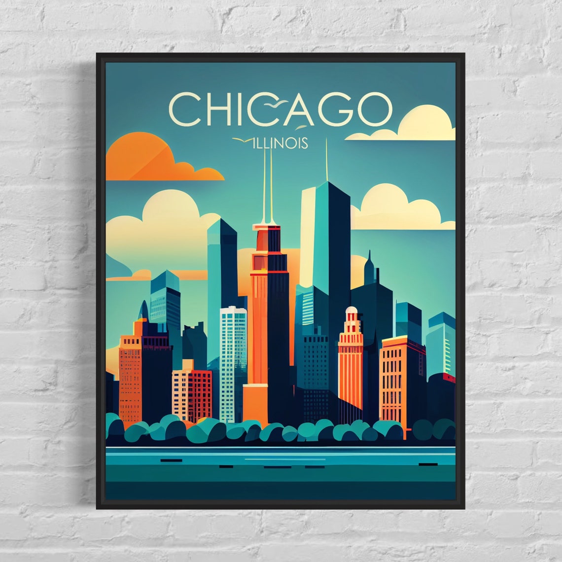 Chicago Illinois Downtown Skyline Willis Tower Vintage Travel Poster