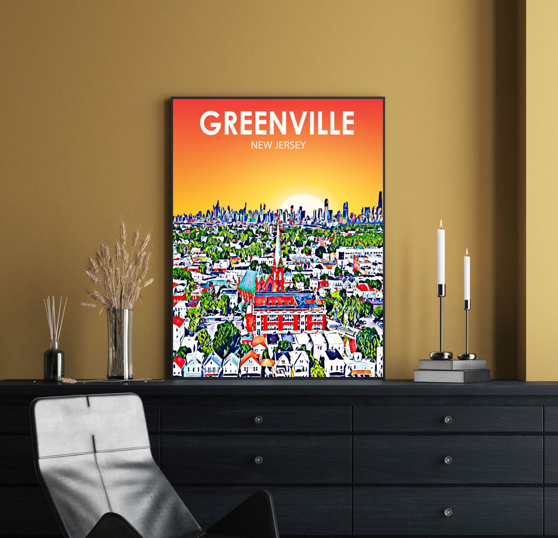 Greenville Nj Art Poster New Jersey Sunset Landscape Poster Print Greenville Framed Wall Art United States Colorful Skyline Sketch Photo - Image 2